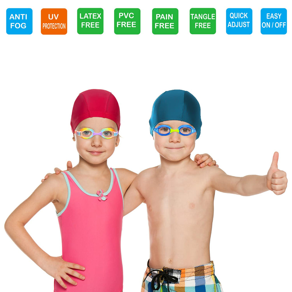 Ruigao 2Pk Kids Swim 3-5, Toddler Goggles Fabric Strap, No Hair Pull Swimming Goggles For Toddler/Kids/Youth (2Pk - Rainbow & Bl