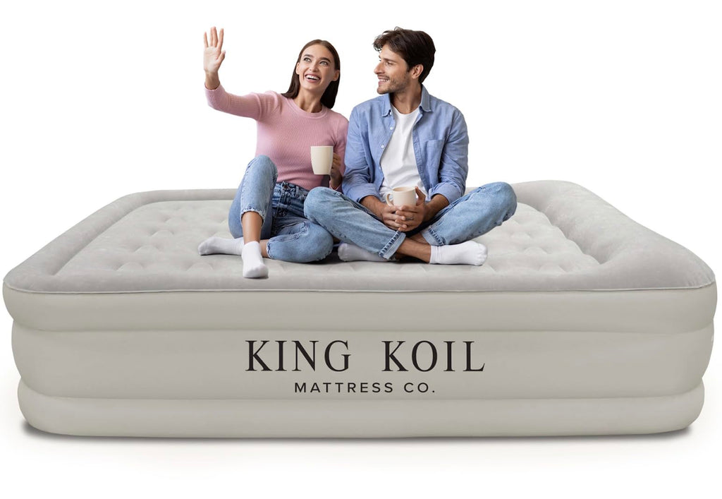 King Koil Luxury Queen Size Air Mattress With Built-In Pump, Plush Top, Home Camping Guests Inflatable Airbed, Double High Blow 