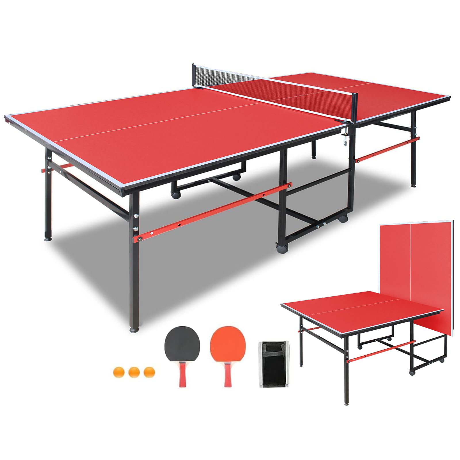 Ping Pong Table Foldable Indoor 8FT Single Player Playback Mode Game Set with Paddles and Balls (Red-8x4FT)