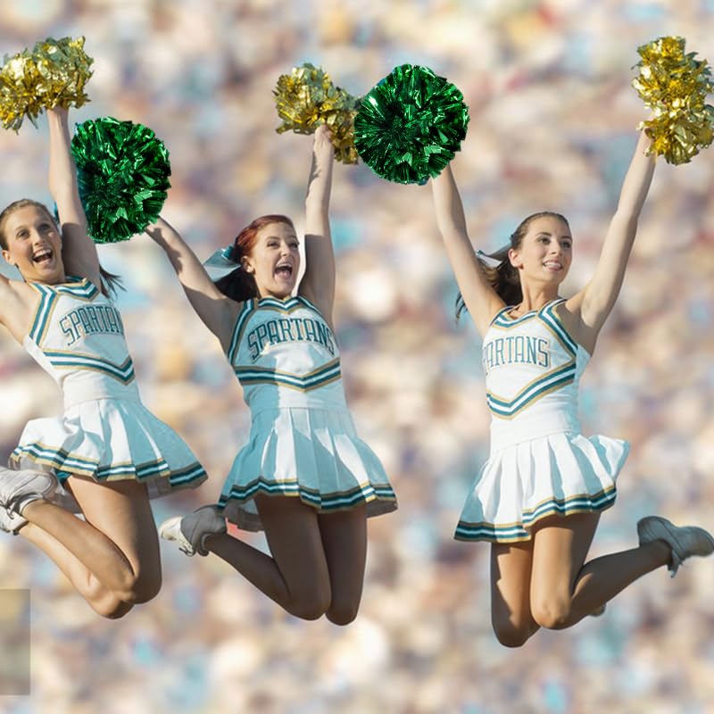 Lovecheer 2Pcs Pom Poms Cheerleading Metallic Green Pom Poms Cheer With Baton Handle For Sports Team Spirit Party Cheering