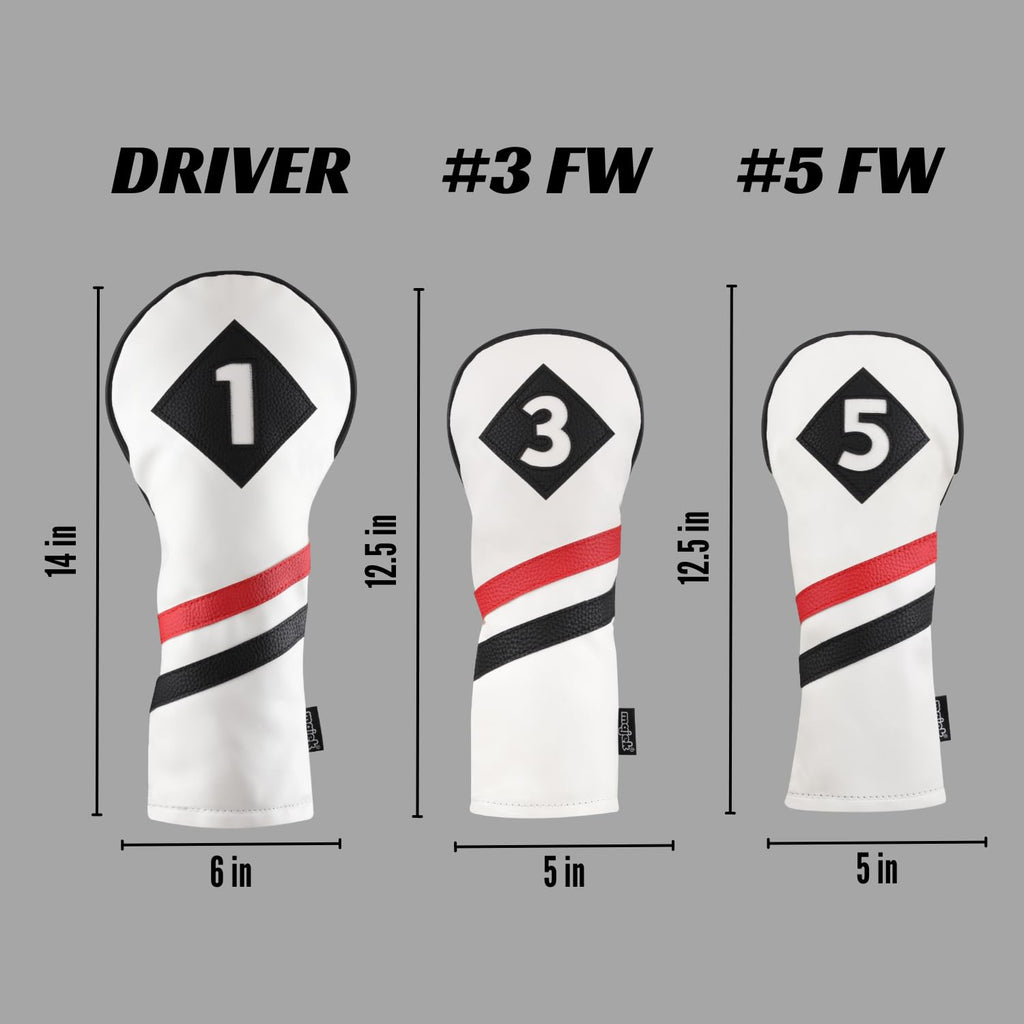 Majek Retro Golf Headcovers White Red And Black Vintage Leather Style 1 3 5 Driver And Fairway Head Covers Fits 460Cc Drivers Cl
