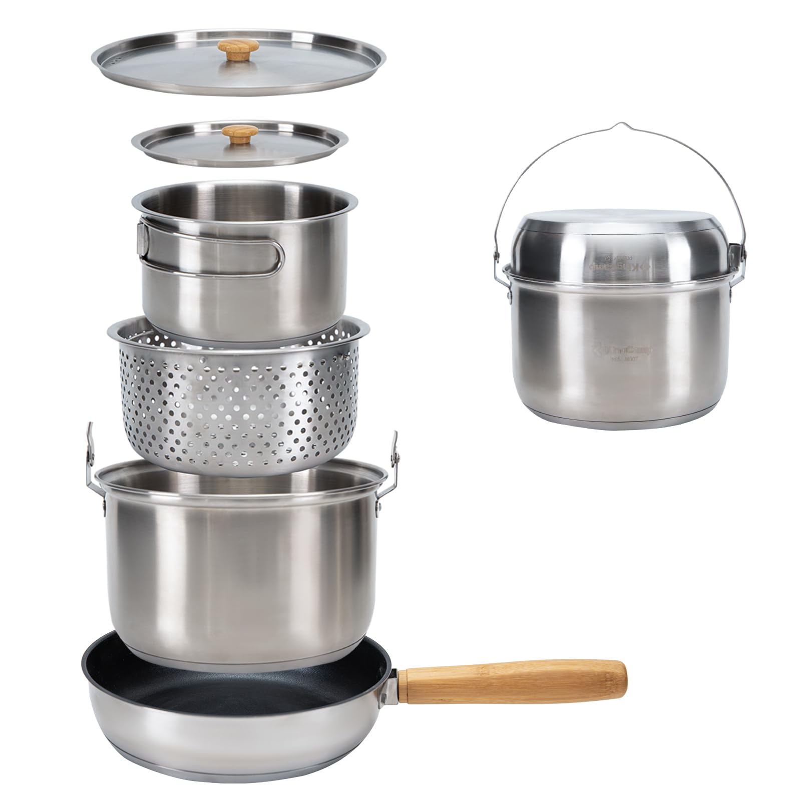 KingCamp Camping Cookware Set, 304 Stainless Steel Campfire Cooking Pots Pan and Kettle with Travel Tote Bag for Camping Outdoor