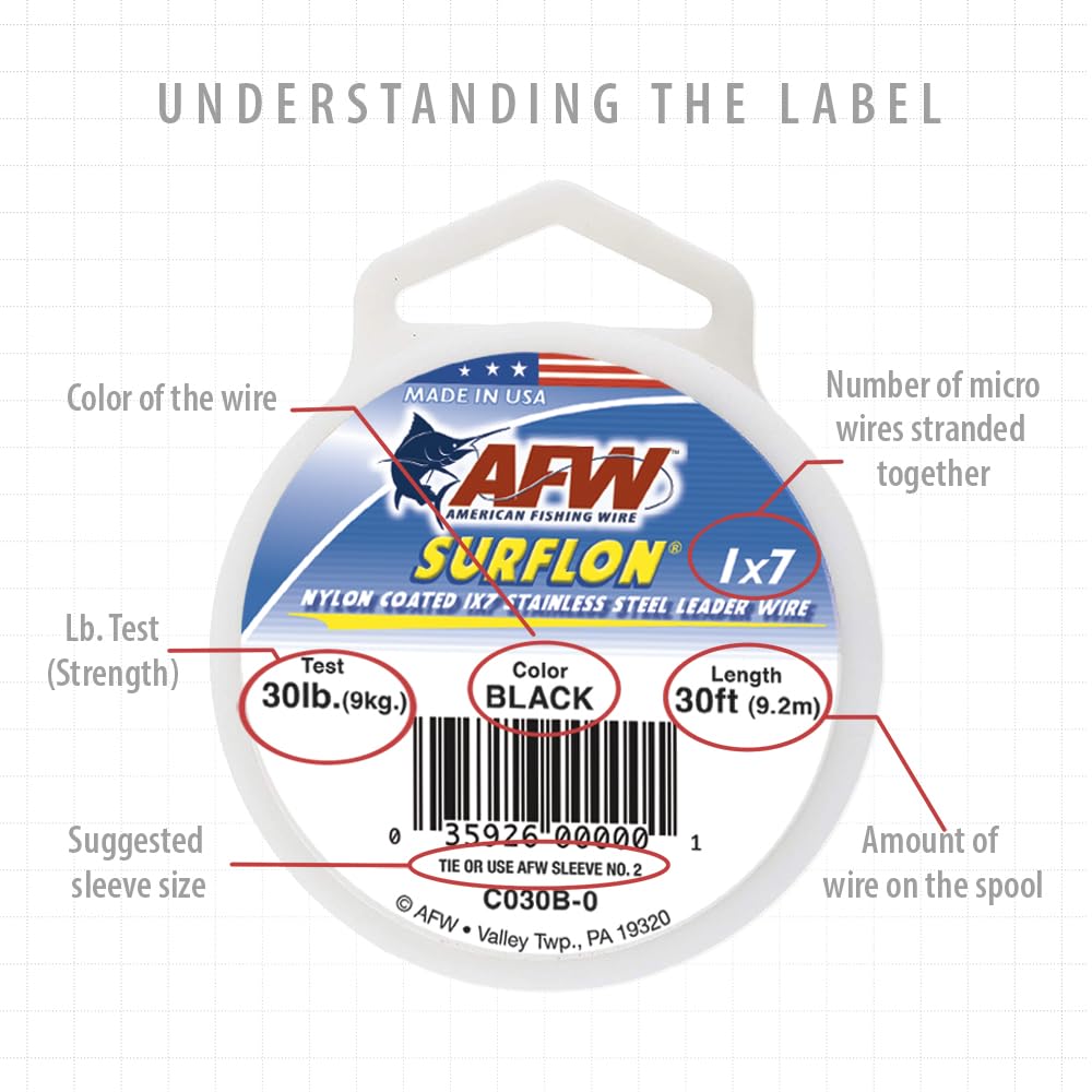 American Fishing Wire Surflon, Nylon Coated 1X7 Stainless Steel Leader Wire, 20 Lb Test, .024 Diameter, Bright, 100 Ft