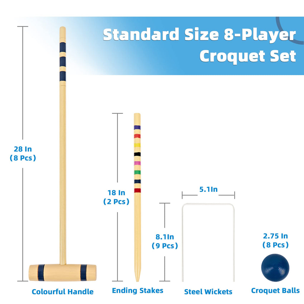 Speedarmis 8 Players Croquet Set - 28In Pine Wooden Mallets, Colored Pe Ball, Wickets, End Stakes, Lawn Backyard Outdoor Game Se