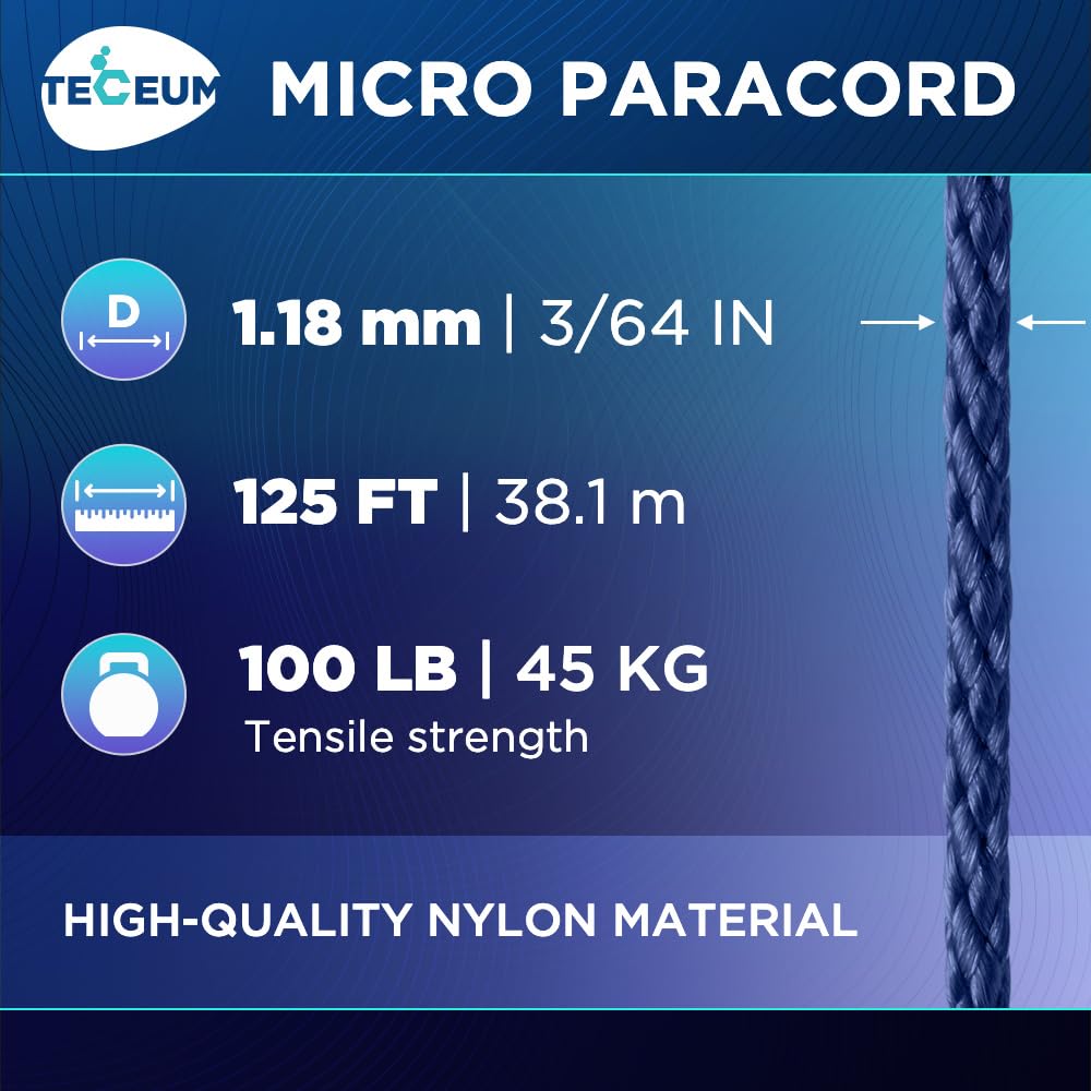 Teceum Micro Paracord - Navy Blue - 1.18 Mm X 125 Ft - Micro Utility Cord - Thin Braided Paracord Rope Nylon Polyester - Wind Ch