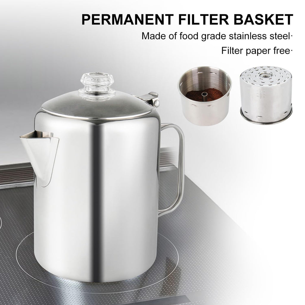 Apoxcon Coffee Percolator Bundle With 2 Mugs Stainless Steel Coffee Maker With Heat Resistant Tough Glass Knob & Foldable Handle