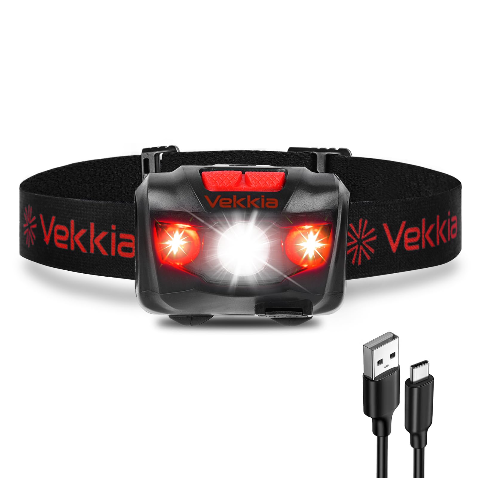 Vekkia LED Headlamp Rechargeable - 5 Lighting Modes,White & Red LEDs Head Lamp, Camping Accessories Gear. IPX4 Waterproof Headli