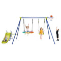 Costzon Swing Sets for Backyard, 4-in-1 Heavy Duty Large Metal Swing Frame w/2 Adjustable Swings, Slide, Basketball Hoop, Play E