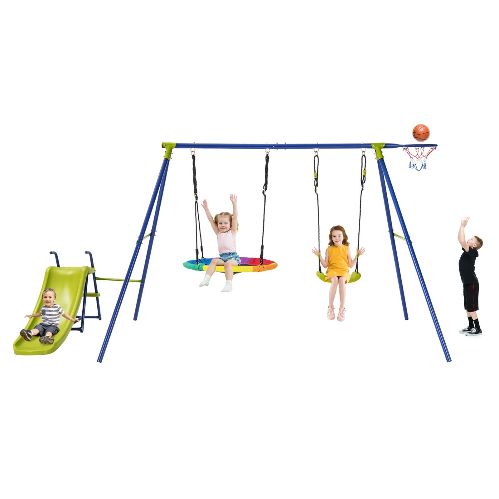 Costzon Swing Sets for Backyard, 4-in-1 Heavy Duty Large Metal Swing Frame w/2 Adjustable Swings, Slide, Basketball Hoop, Play E