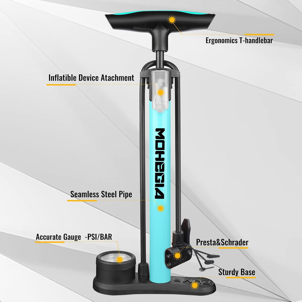 Mohegia Bike Floor Pump With Gauge,Air Bicycle Pump Inflator With High Pressure 160 Psi,Fits Schrader And Presta Valve/Blue