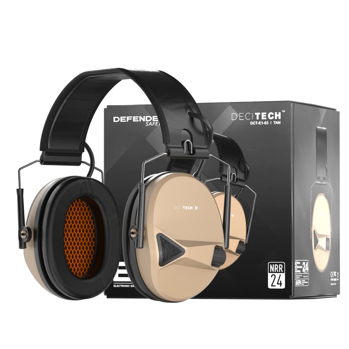 Defender Safety Decitech E1 Electronic Active Hearing Protection, Shooting, Range, Hunting, Tactical Earmuffs, 24 Nnr Rated. (Ta