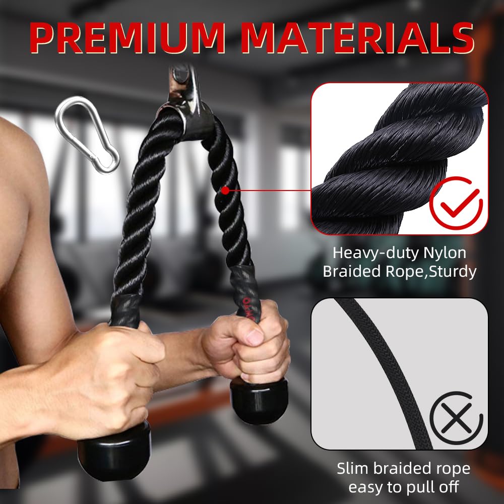 Diaomao Upgraded Tricep Pull Down Rope - Tricep Rope Cable Attachment 35 Inch With Rubber Pad - Stainless Steel Carabiner Clips
