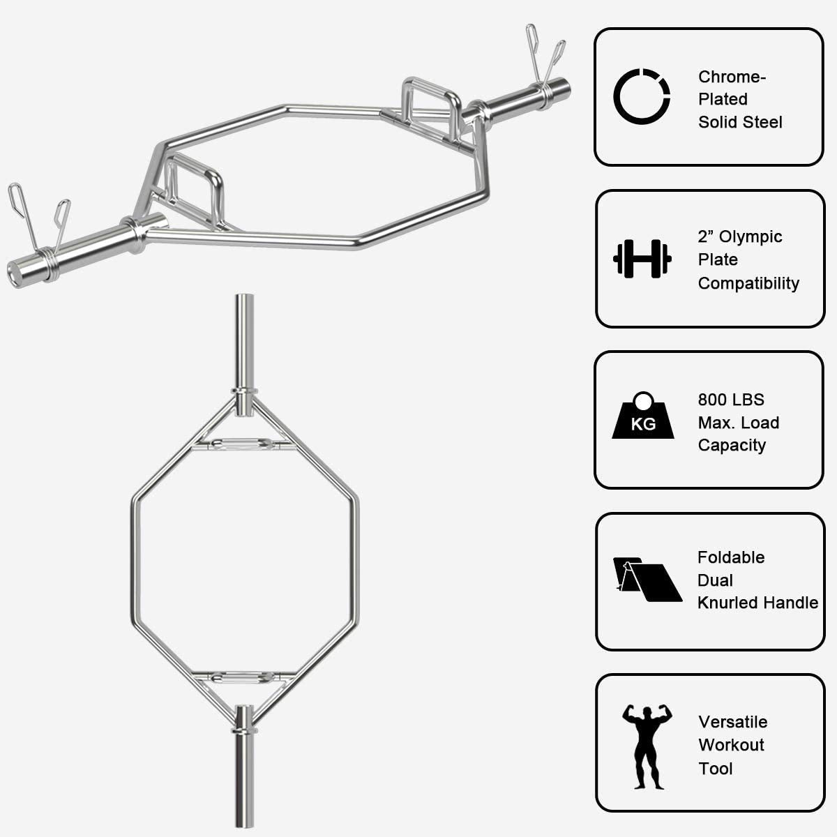 Gymax Olympic Hex Bar, Folding Trap Bar 56'' Chrome Finish Hex Weight Lifting Bar Deadlift Bar With Two-Handle, For Squats, Dead
