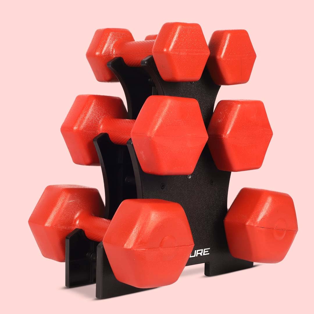 De Jure Fitness Dumbbell Pairs with Stand, Compact and Easy to Use, (1kg + 2kg + 3kg Set) Total 12 Kg
