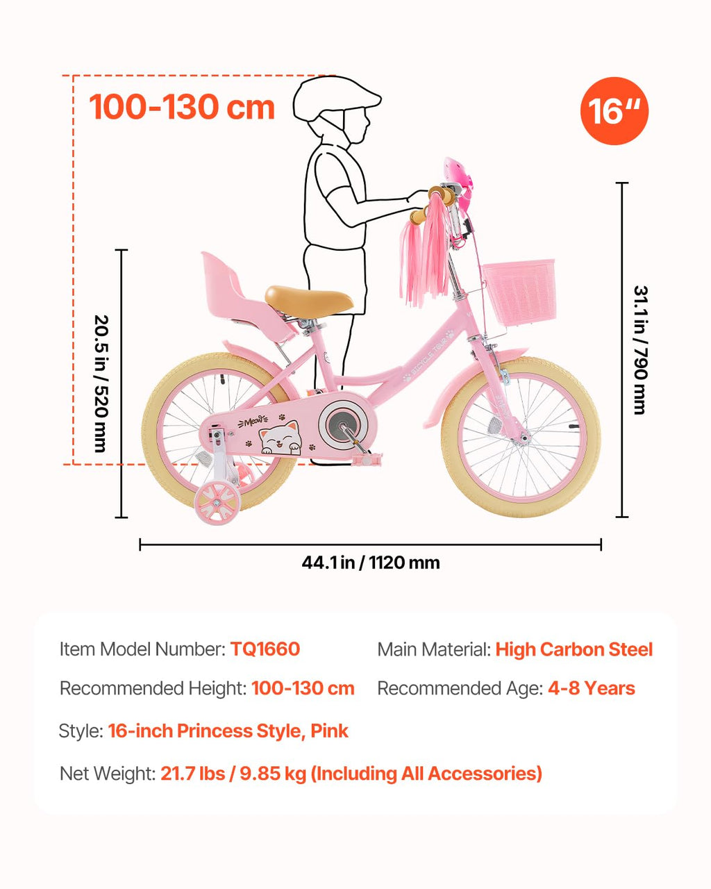 Vevor Kids Bike, 16 Inches Princess Style Children Bicycle With Streamers & Basket, Rider Height 3.28 Ft - 4.27 Ft, Doll Seat &