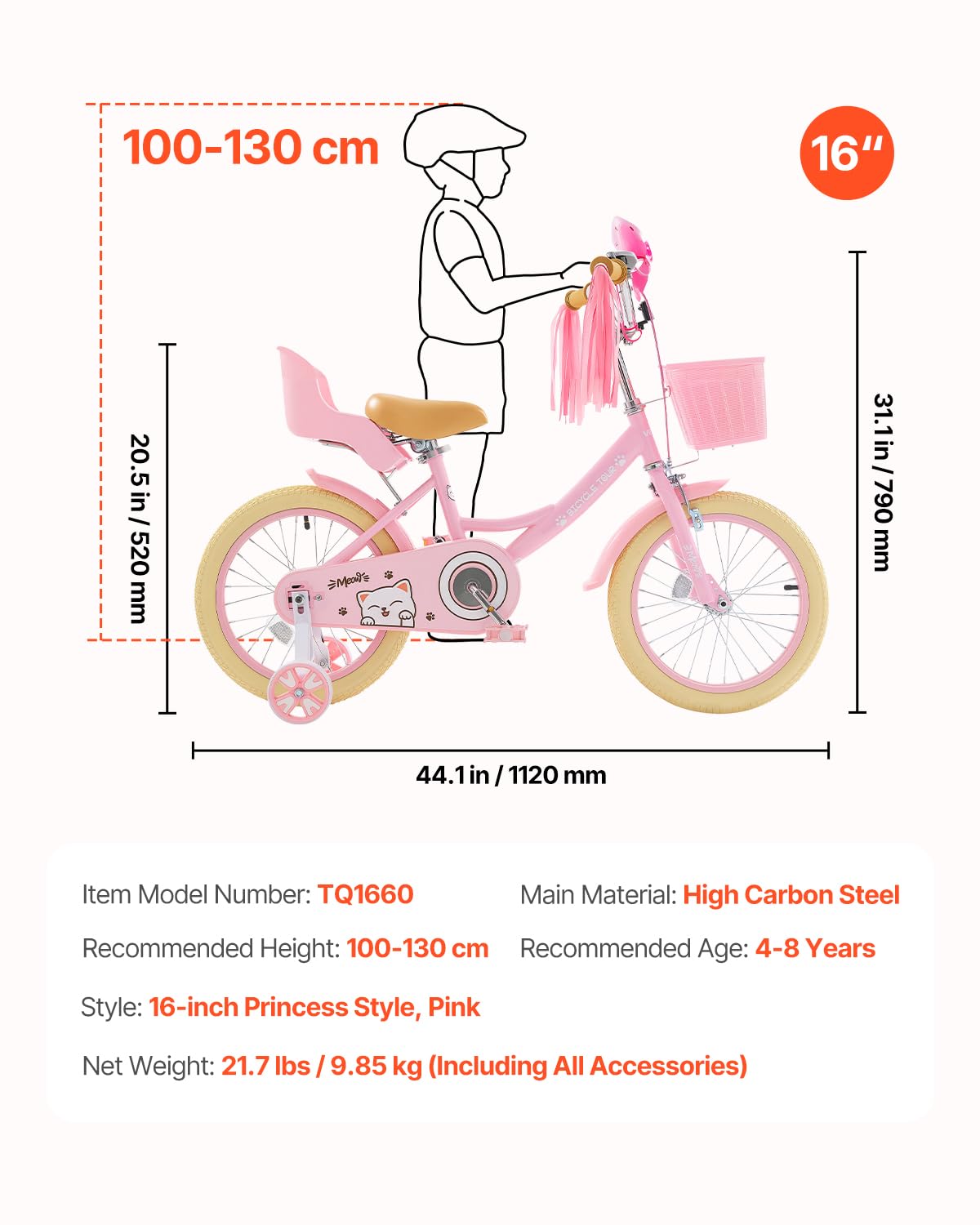 Vevor Kids Bike, 16 Inches Princess Style Children Bicycle With Streamers & Basket, Rider Height 3.28 Ft - 4.27 Ft, Doll Seat &
