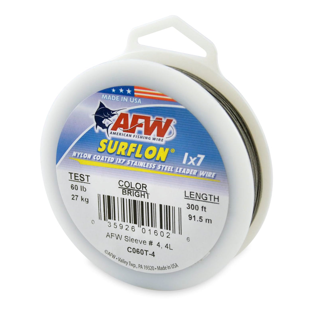 American Fishing Wire Surflon, Nylon Coated 1X7 Stainless Steel Leader Wire, 60 Lb Test, .032 Diameter, Bright, 300 Ft