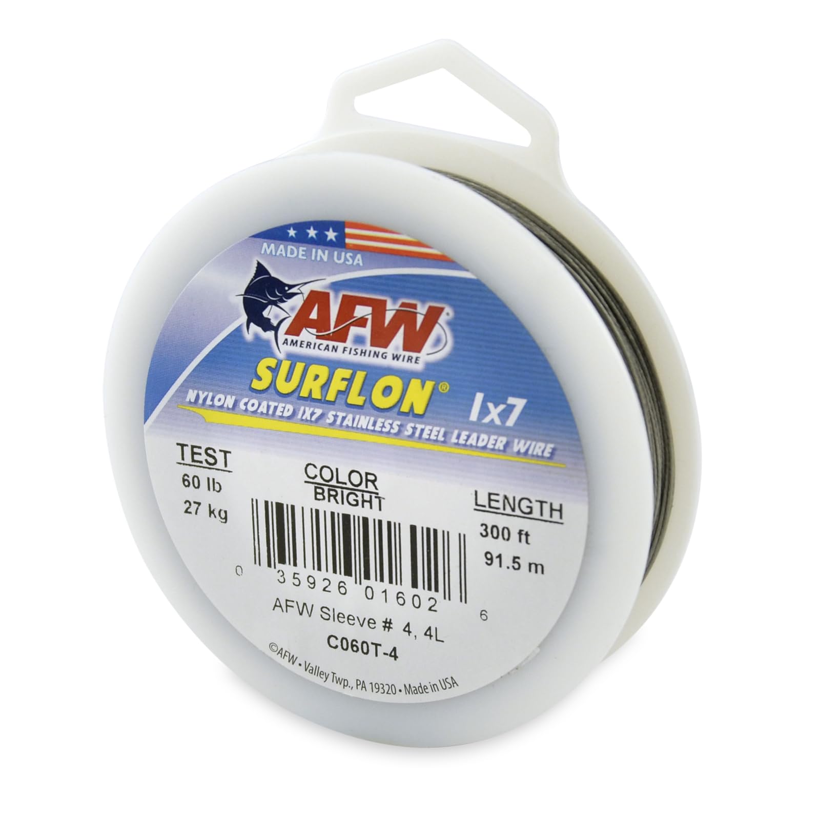 American Fishing Wire Surflon, Nylon Coated 1X7 Stainless Steel Leader Wire, 60 Lb Test, .032 Diameter, Bright, 300 Ft