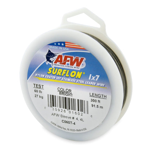 American Fishing Wire Surflon, Nylon Coated 1X7 Stainless Steel Leader Wire, 60 Lb Test, .032 Diameter, Bright, 300 Ft