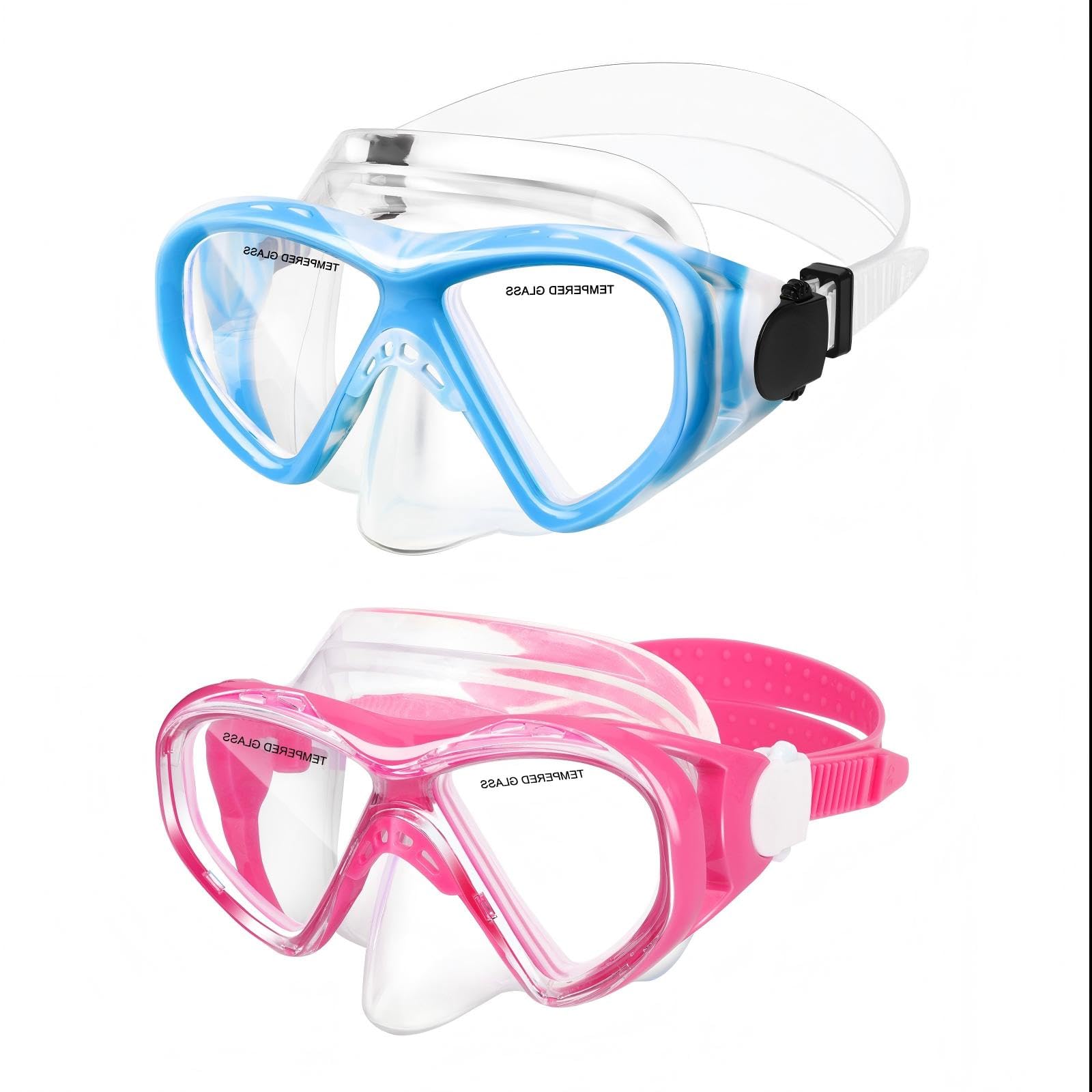 (2PCS Blue Blue&Pink) ACQCES Kids Swim Goggles Snorkel Diving Mask for Boys Girls Ages 5-15, Two-Color Anti-Fog Swimming Goggles