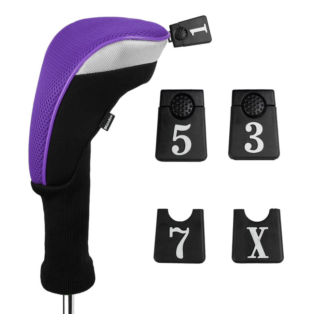 Andux 5Pcs/Set Golf 460Cc Driver Wood Club Head Covers Long Neck With Interchangeable No. Tags Purple