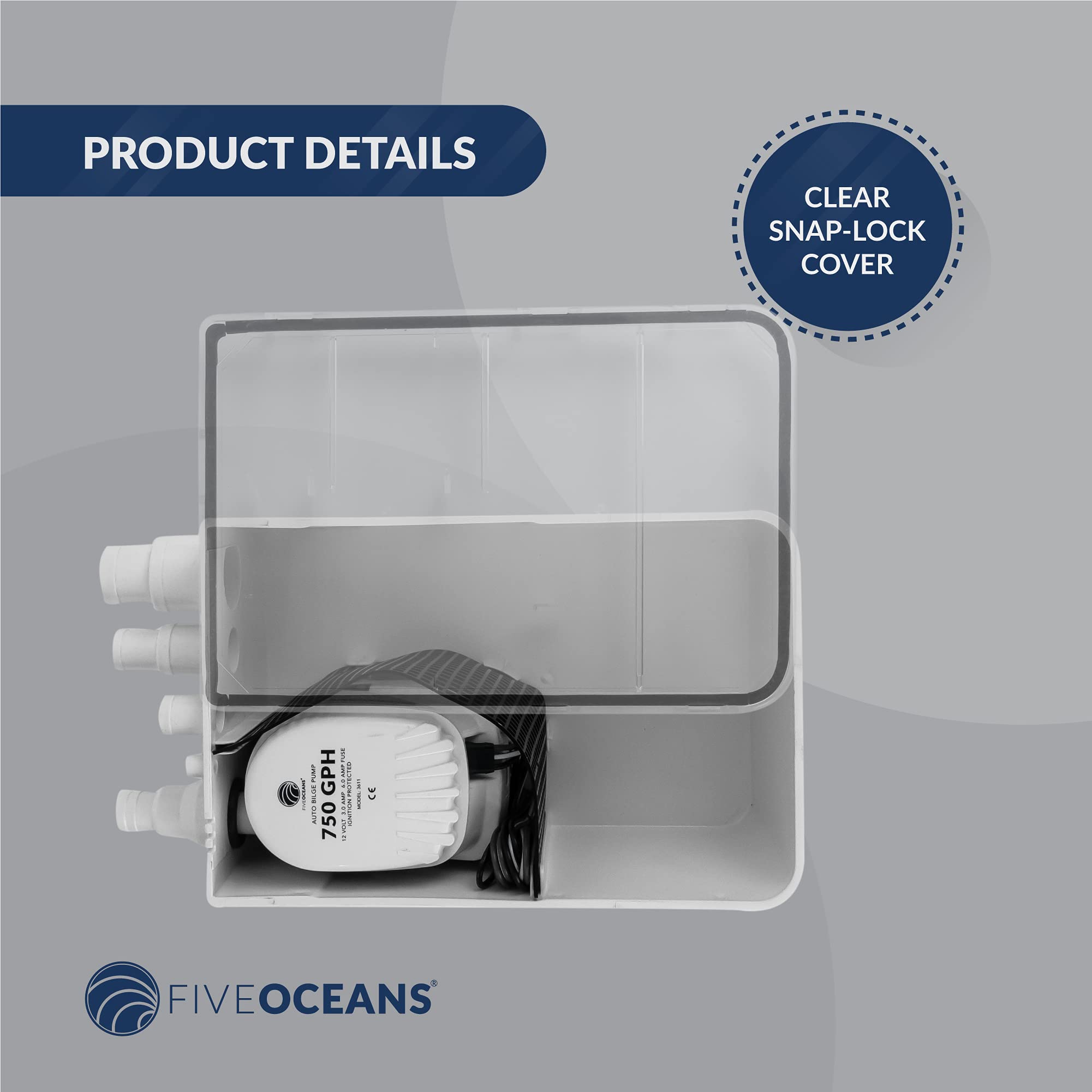 Five Oceans 750 Gph Boat Shower Sump Pump Drain System Kit, 12-Volts, Multiple Inlet Ports, Clear Cover, Check-Valve On Outlet -