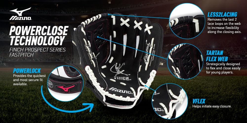 Mizuno Gpp1155F3 Prospect Finch Series Youth Softball Gloves, 11.5'', Left Hand, White/Black/Pink Trident Web
