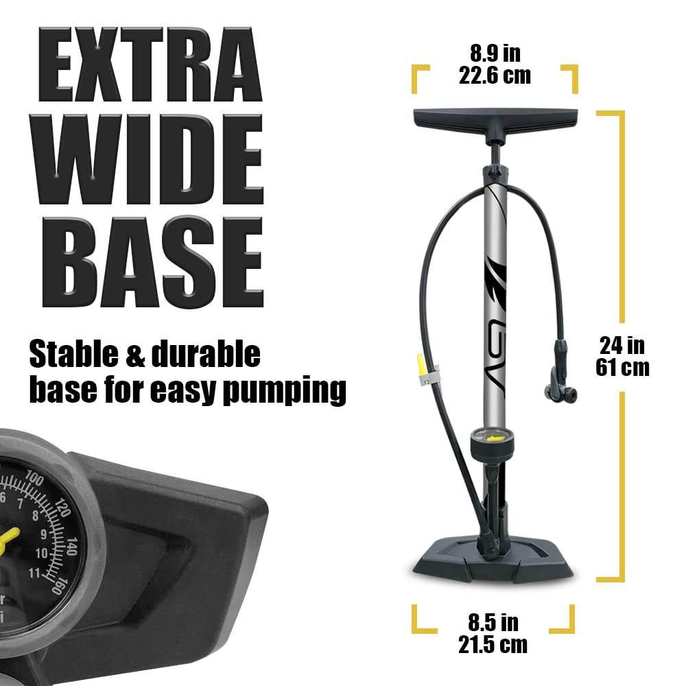 Bv Bicycle Ergonomic Floor Pump With Gauge & Clever Air Valve, 160 Psi, Reversible Presta And Schrader