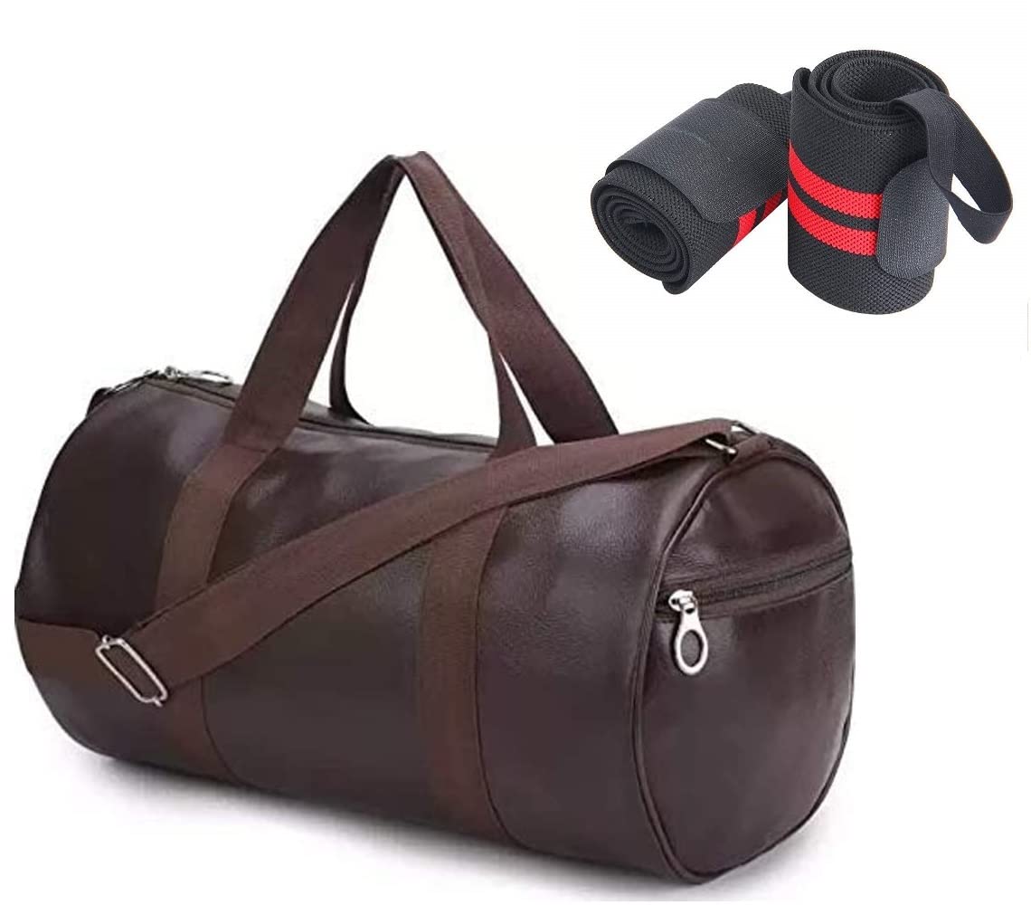 Raizex Combo Pack Of PuLeather Gym Duffel Bag With Shoulder Strap For Men & Women With Red Wrist Support Band For Daily Exercis