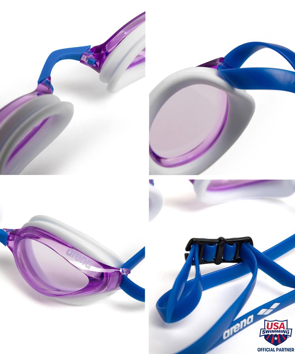 Arena Unisex Python Racing Swim Goggles For Men And Women Anti-Fog Non-Mirror Lens Max Comfort Dual Strap, Violet/White/Blue