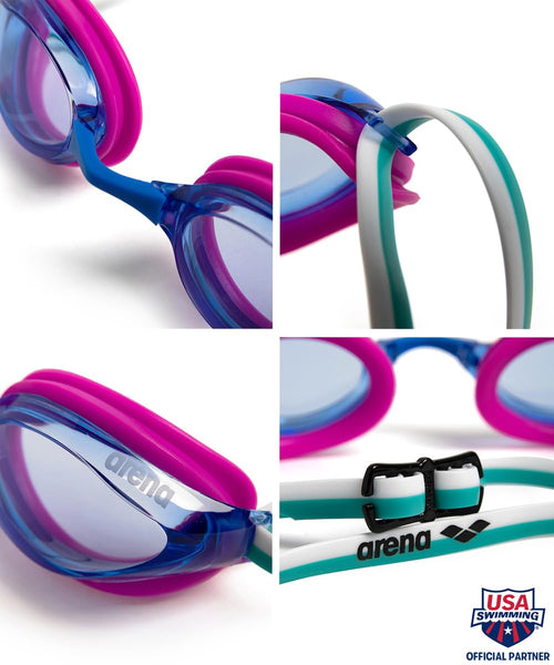 Arena Unisex Python Racing Swim Goggles For Men And Women Anti-Fog Non-Mirror Lens Max Comfort Dual Strap, Blue/Fuchsia/Water