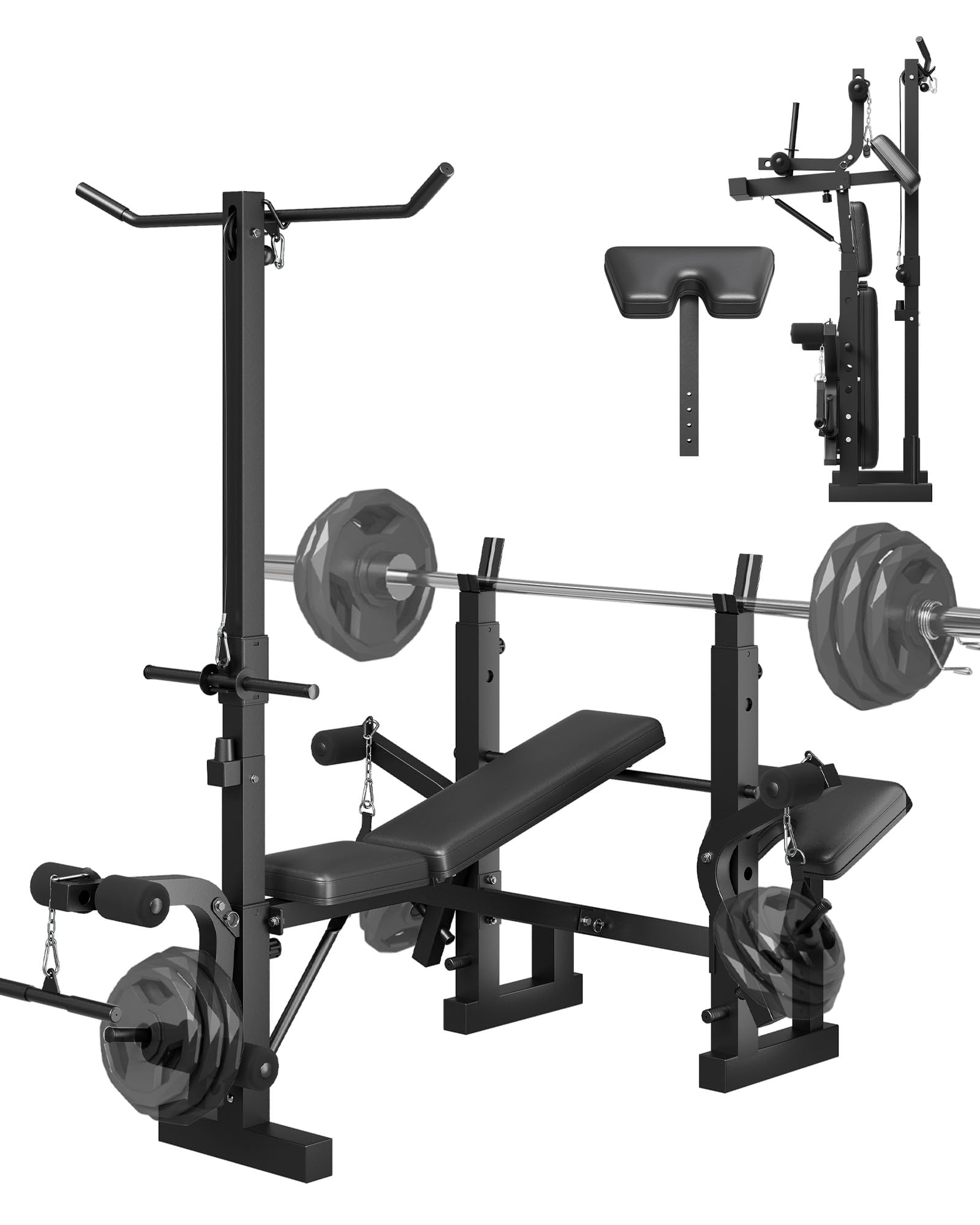 GarveeTech 8-in-1 Weight Bench Set for Home Gym, Foldable Workout Benchs with Preacher Curl Pad, LAT Pulldown and Leg Extension 