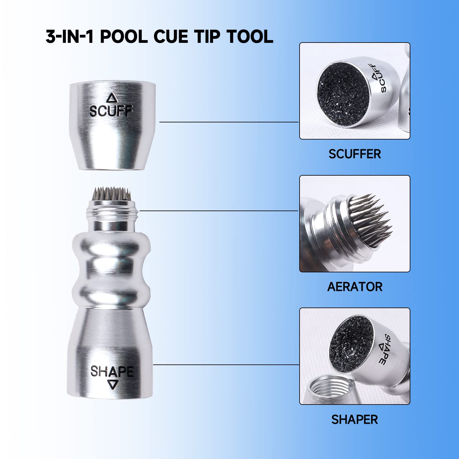 Gse 4-In-1 Pool Cue Tip Tool, Billiard Cue Stick Tip Tool, Billiard Cue Accessories Scuffer/Shaper/Aerator/Joint Protector (Cue