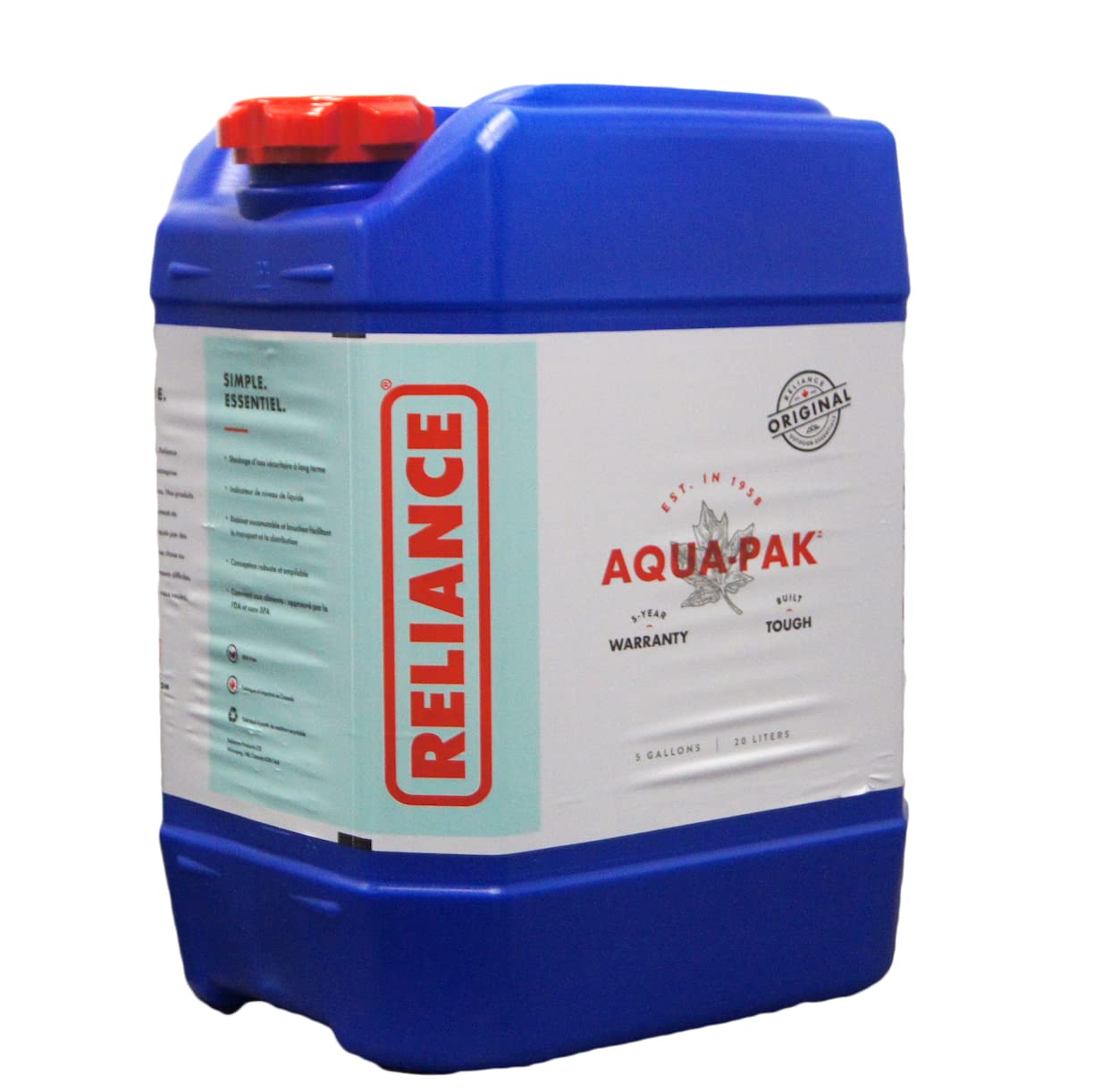 Reliance Products Aqua-Pak 5 Gallon Rigid Water Container, Blue, 11.5 Inch X 9.1 Inch X 15.4 Inch