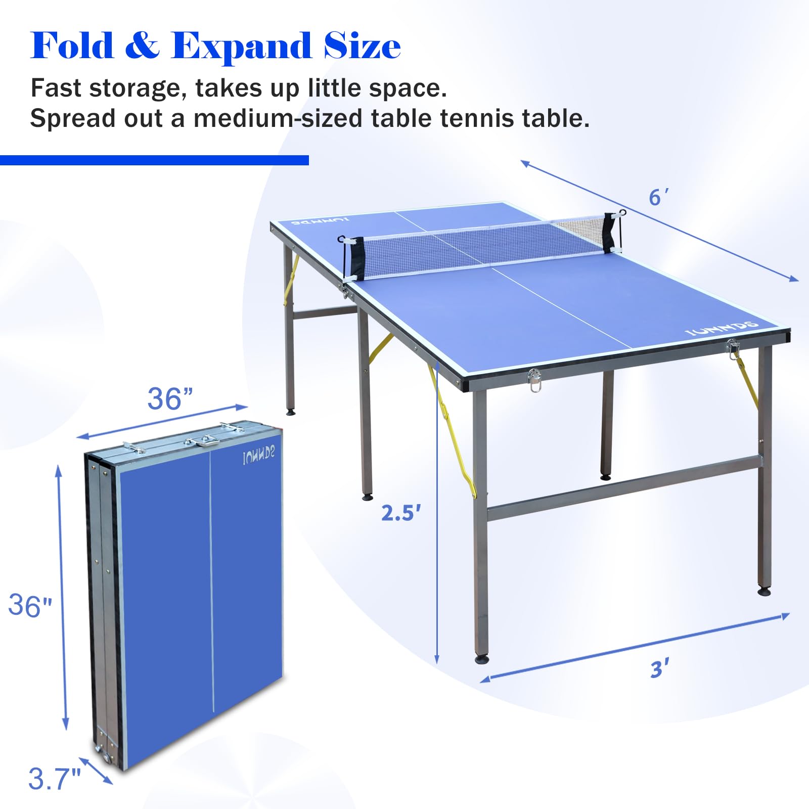 Iunnds 6X3Ft Mid-Size Table Tennis Tables - Indoor/Outdoor Portable Ping Pong Table Game For Adults/Teens,With Net,2 Table Tenni