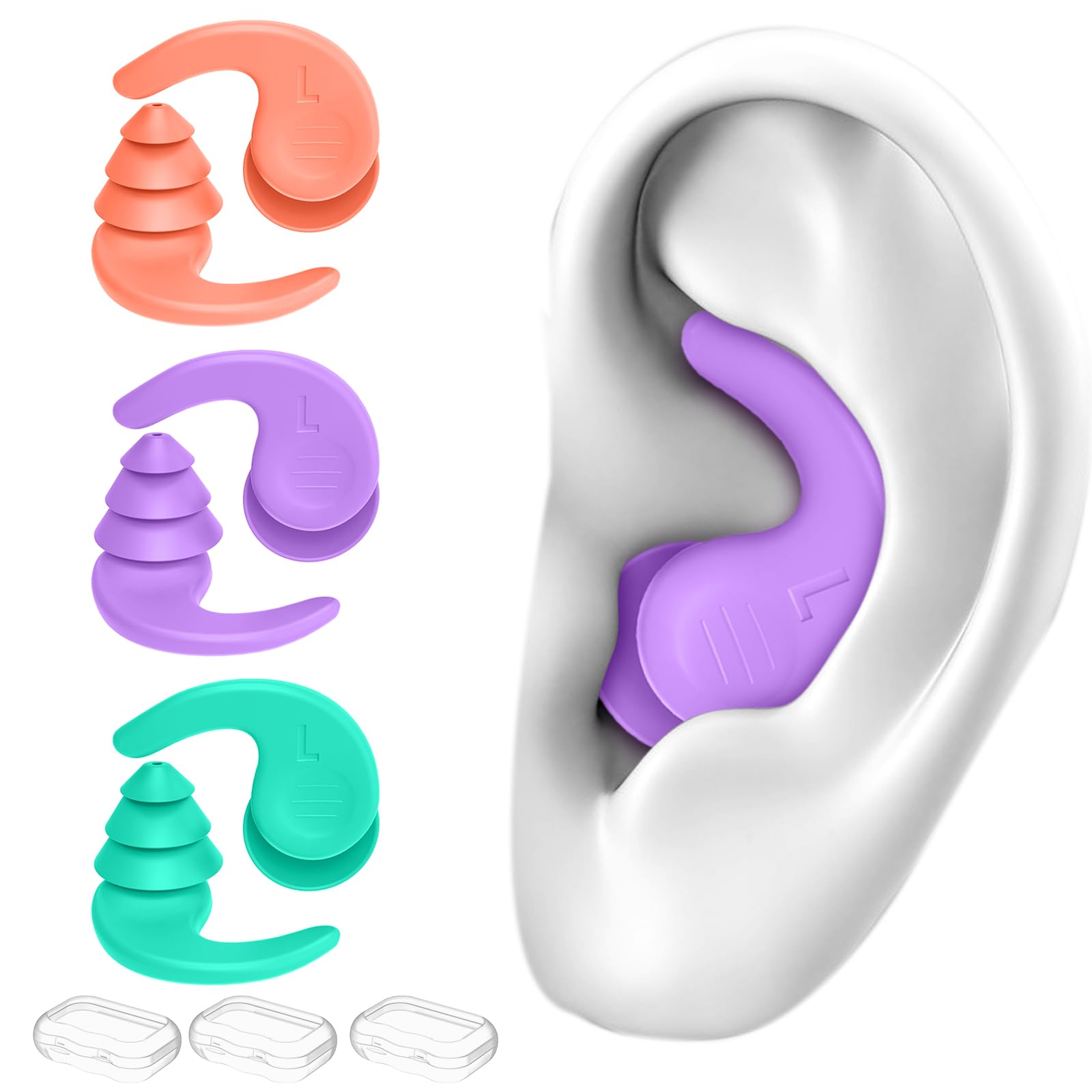 Swimming Ear Plugs for Adults,3 Pairs Waterproof Reusable Silicone Swim Earplugs for Swimming Surfing Snorkeling Showering and W
