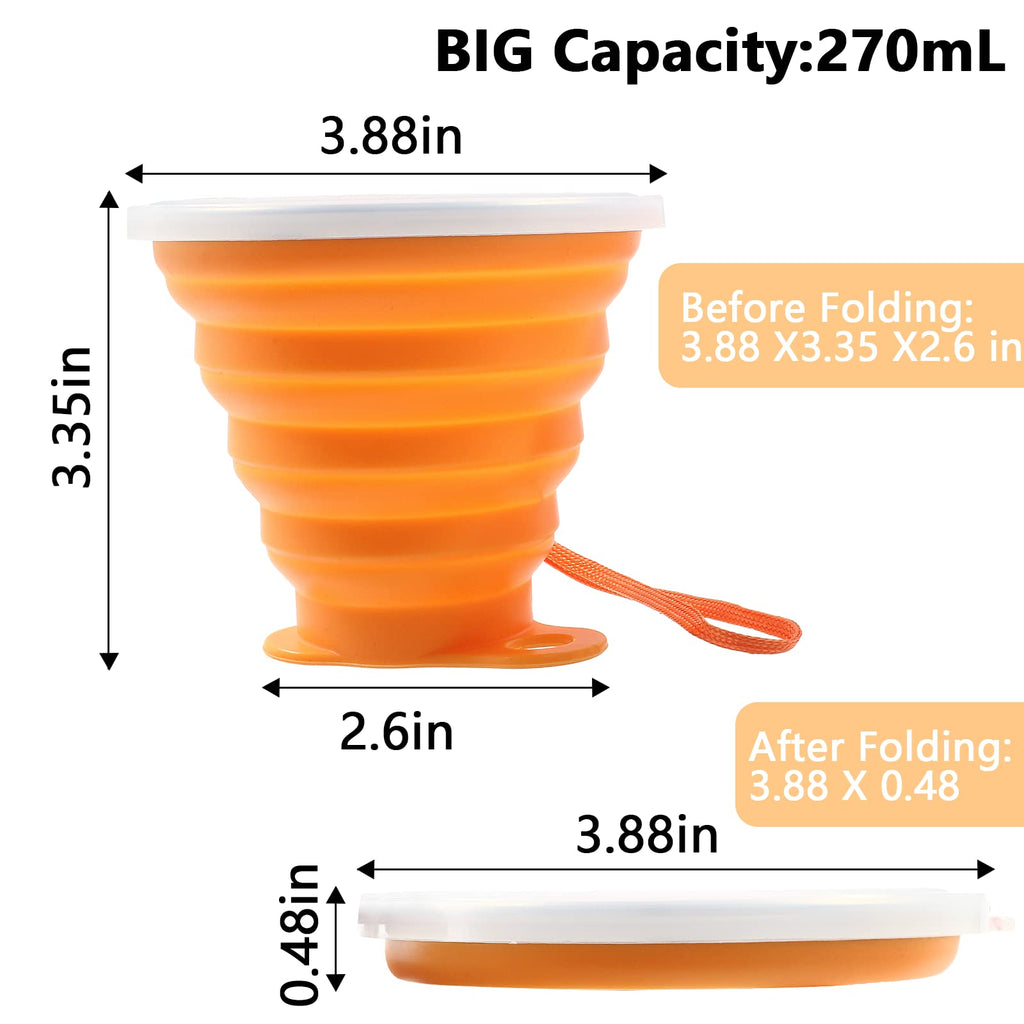 Litoexpe 2 Pack Silicone Collapsible Travel Cup Portable Folding Camping Cup Sets With Lids, Pink & Orange