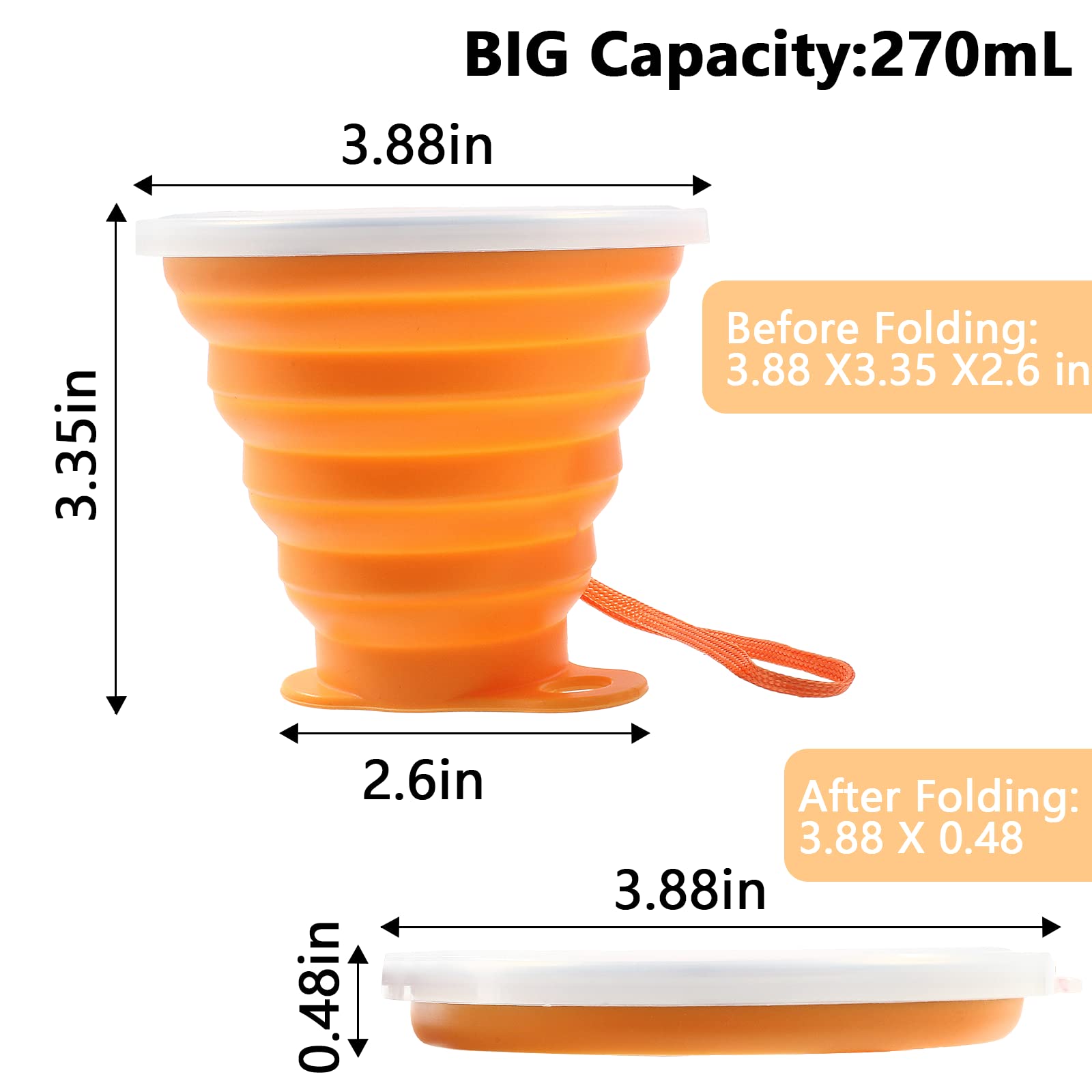 Litoexpe 2 Pack Silicone Collapsible Travel Cup Portable Folding Camping Cup Sets With Lids, Pink & Orange