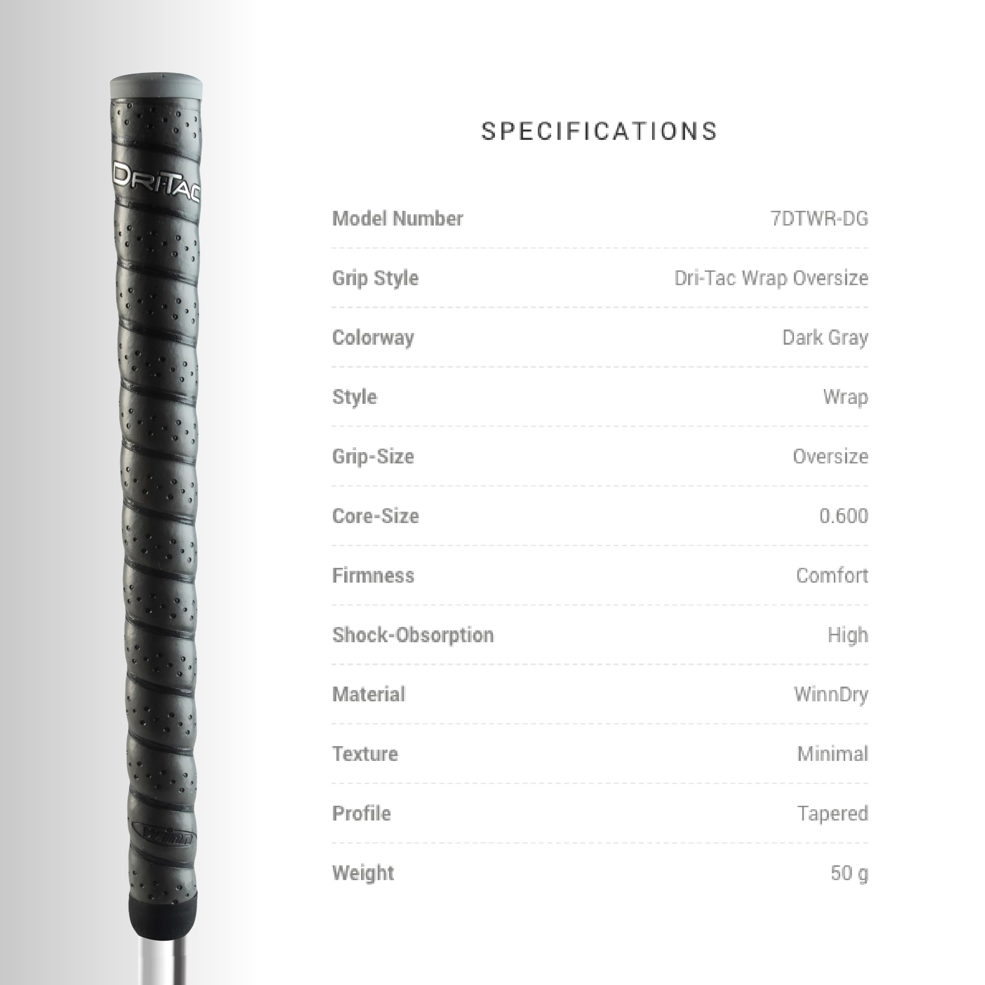 Winn Dri-Tac Wrap Oversize (+1/8-Inch) Golf Grip - Classic Wrap-Style Design With Pronounced Contours For Ultimate Comfort - Win
