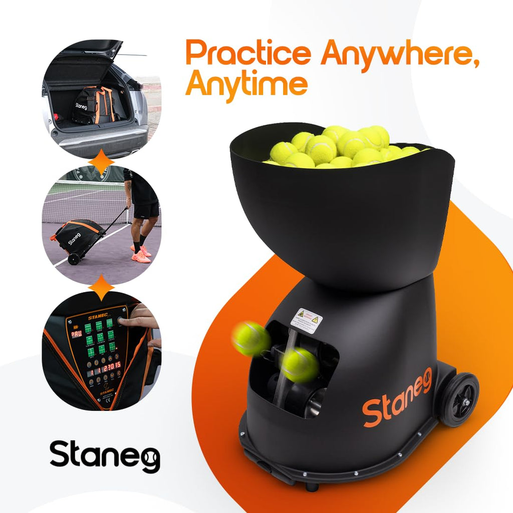 Staneg Pro Tennis Ball Machine - Battery-Powered Portable Launcher With Remote Control | 9 Training Programs | Adjustable Spin &