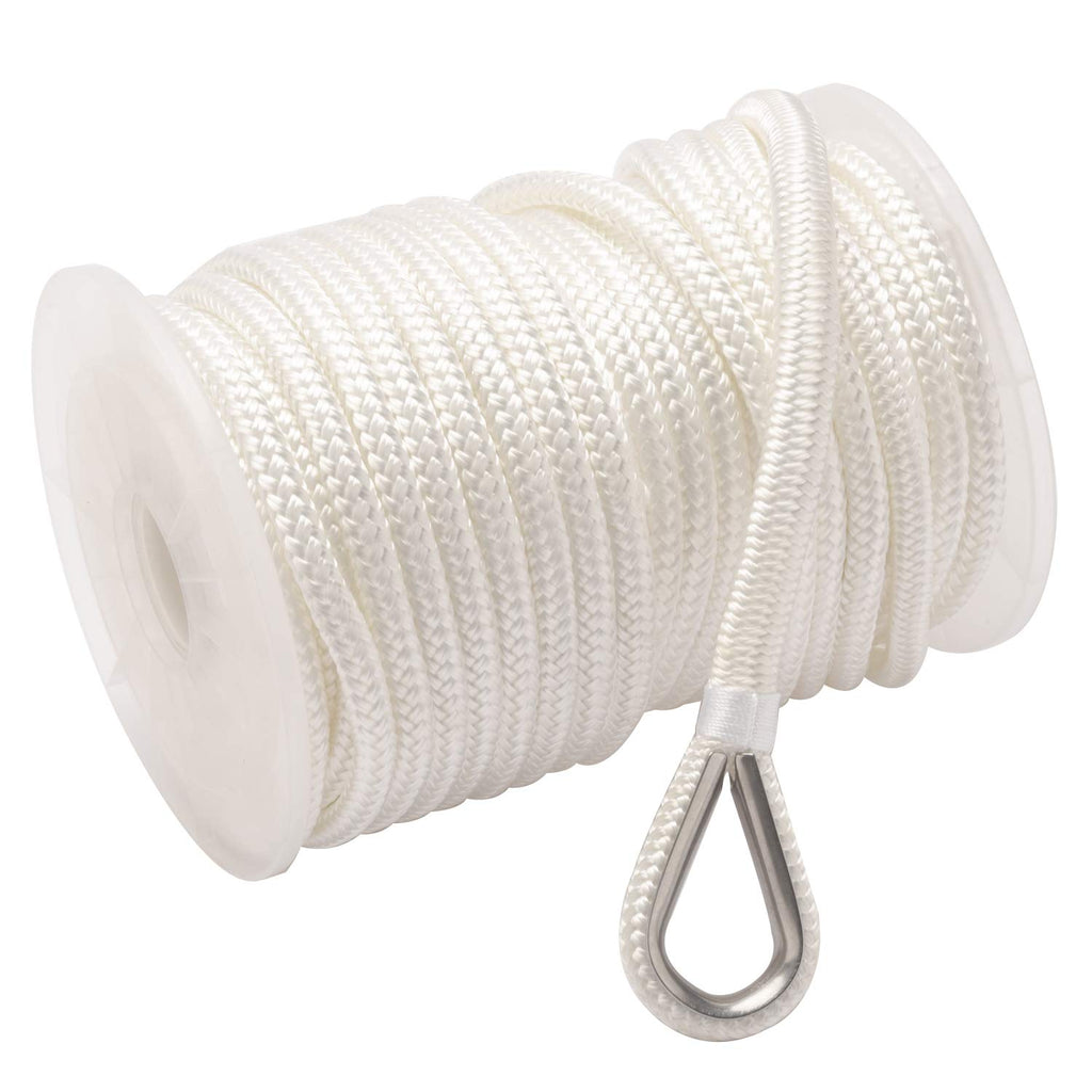 Novelbee 3/8 Inch X 200 Feet Double Braid Nylon Anchor Line With Stainless Steel Thimble And Plastic Chuck (White)