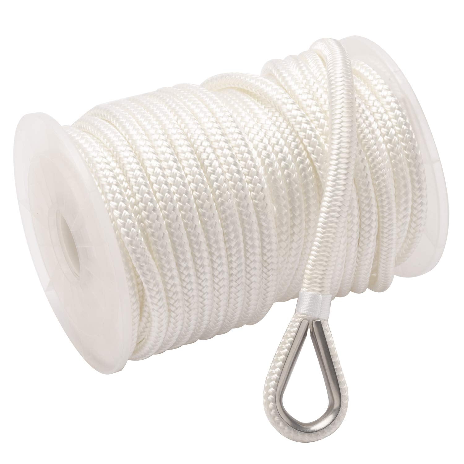 Novelbee 3/8 Inch X 200 Feet Double Braid Nylon Anchor Line With Stainless Steel Thimble And Plastic Chuck (White)