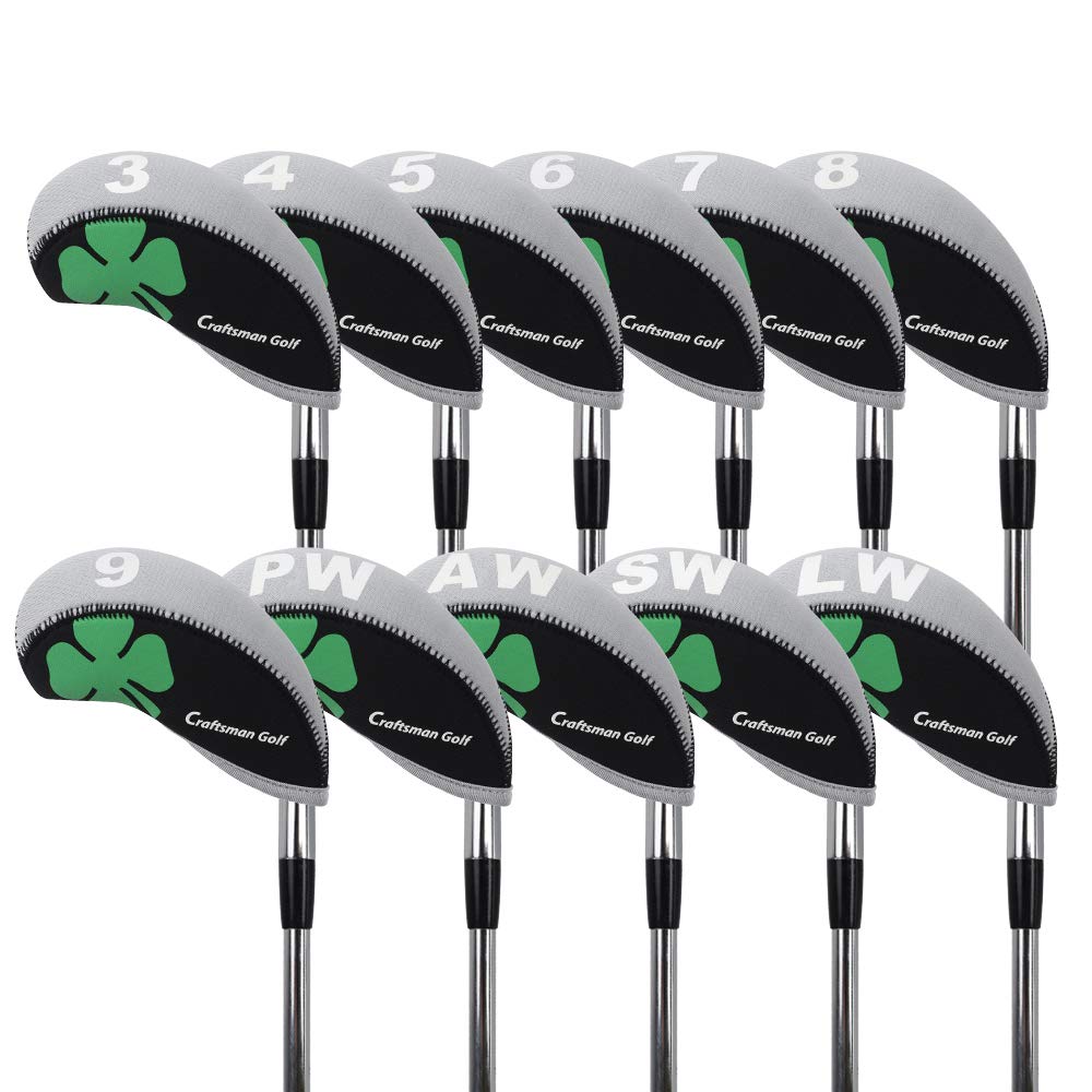 Craftsman Golf Black & Gray 11Pcs/Set (3,4,5,6,7,8,9,P,A,S,L Clover Neoprene Iron Headcover Set Covers Protector Case