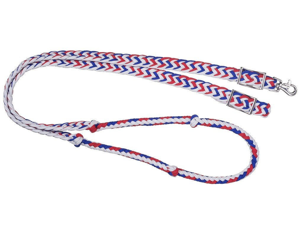 Tough 1 Knotted Cord Roping Rein Red/White/Blue