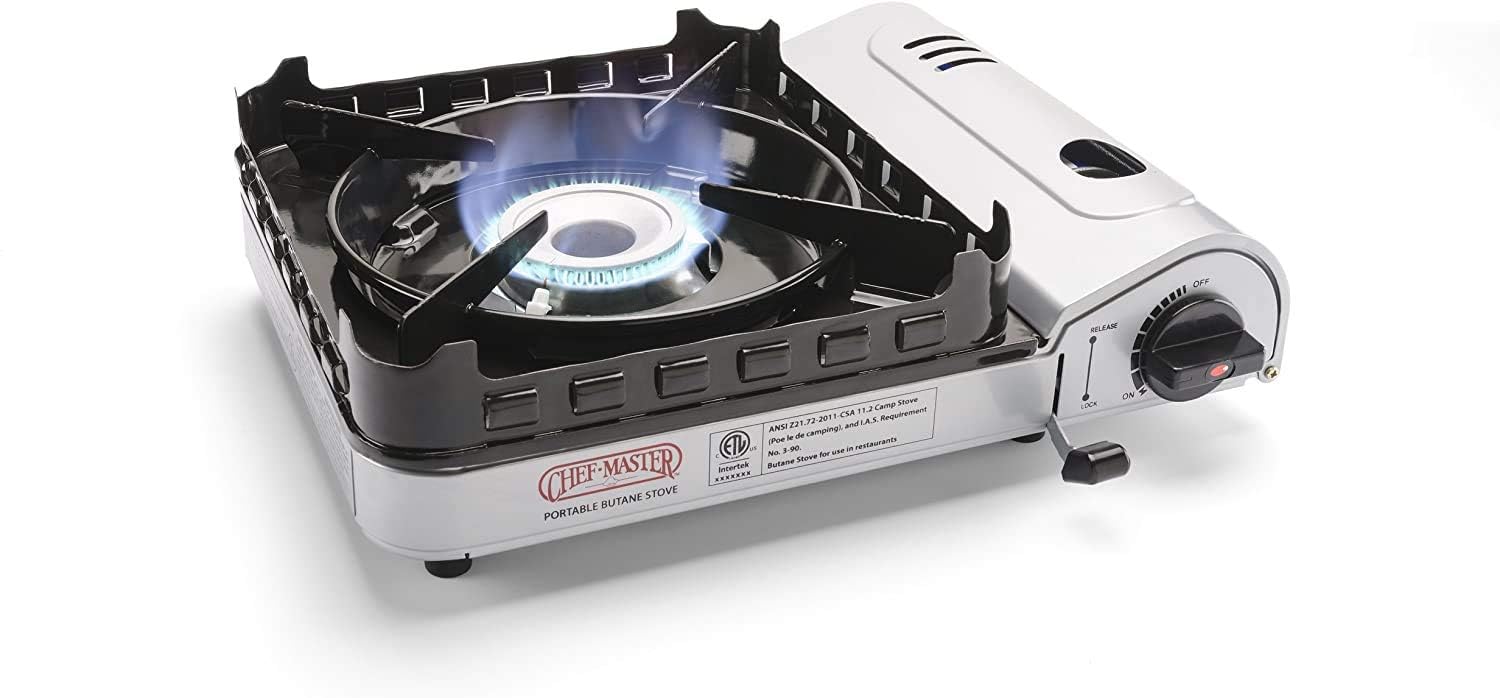 Chef Master 15,000 BTU Butane Portable Camp Stove | Double Wind-Guard Portable Stove Burner w/Piezo Click Ignition for Emergenci