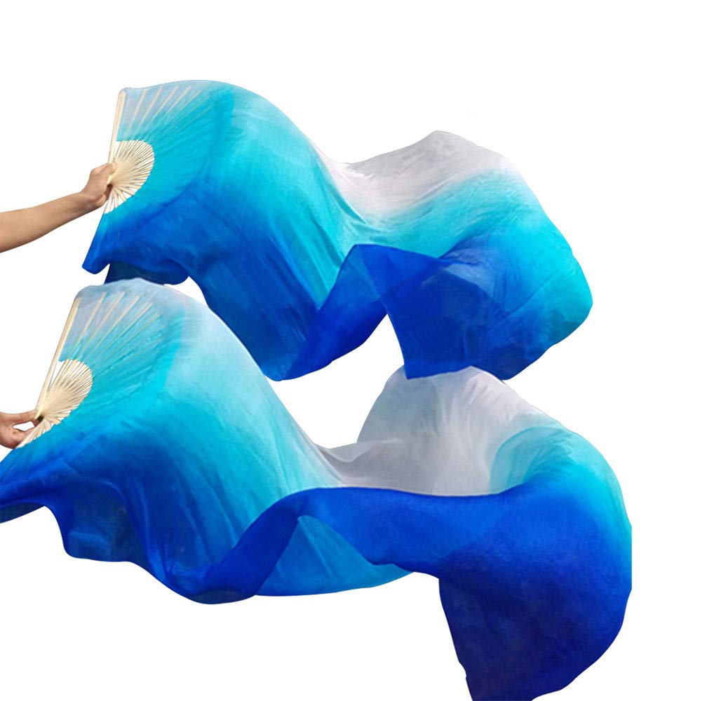 Kikigoal 1 Pair(Leftright) Women Real Silk Belly Dance Fan Veil, Length 180Cm Width 90Cm (Gradual Blue)