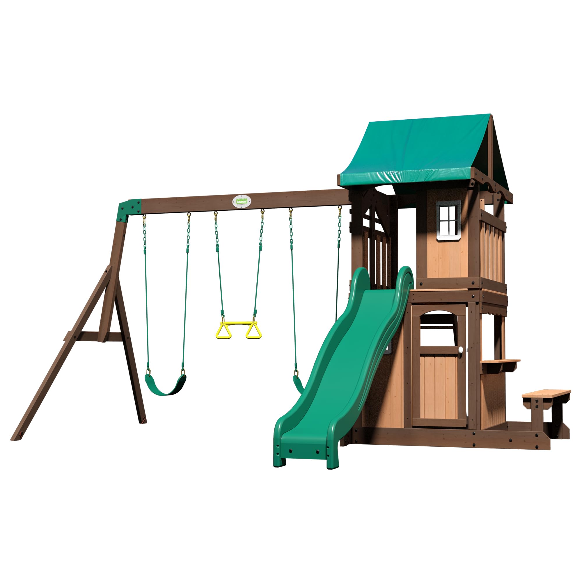 Backyard Discovery Lakewood Cedar Wood Swing Set with Wave Slide, Clubhouse, Playhouse, Snack Bar Window, Picnic Area, Belt Swin