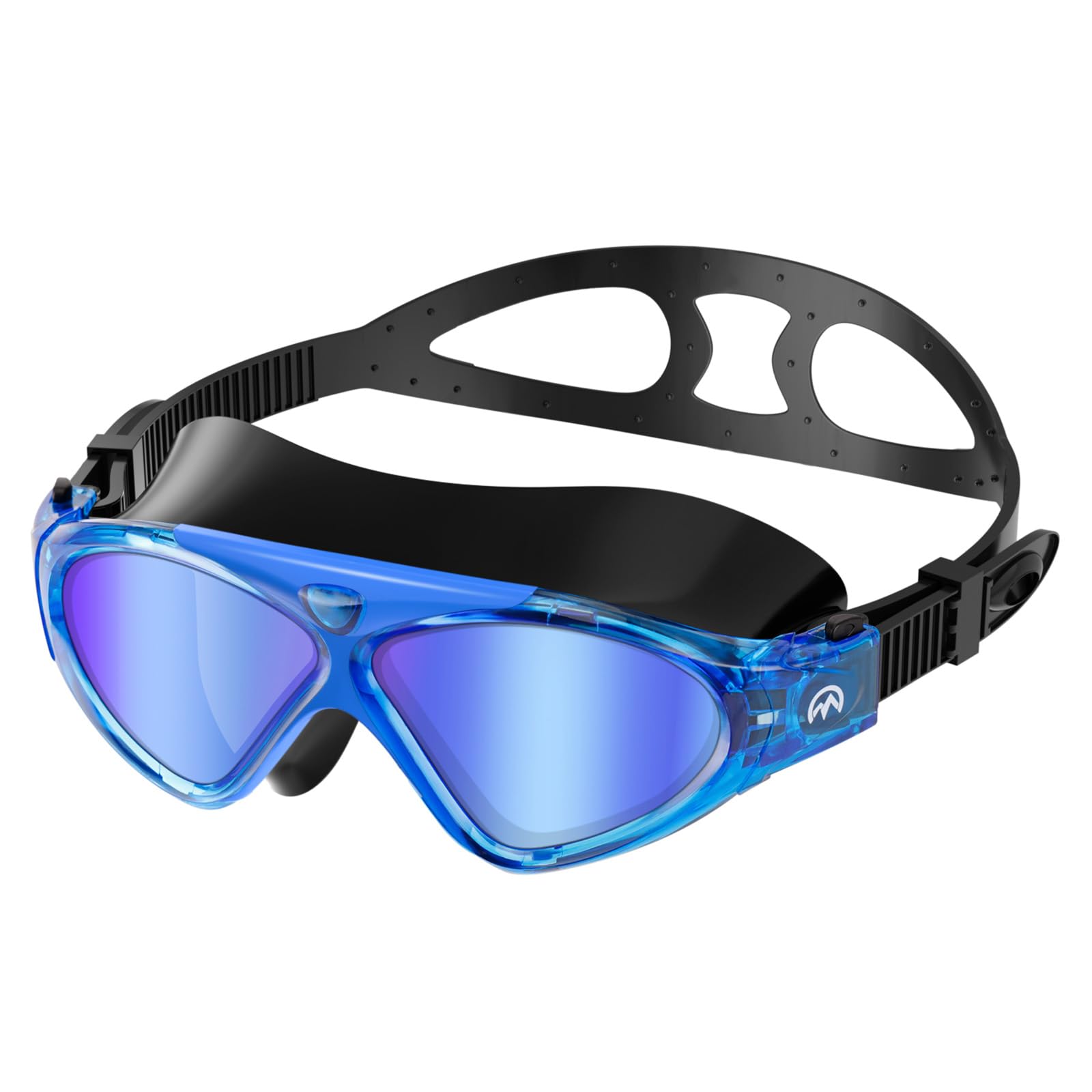 OutdoorMaster Swim Mask - Wide View Swimming Mask & Goggles Anti-fog Waterproof, BlackBlue Frame Blue Mirror Len