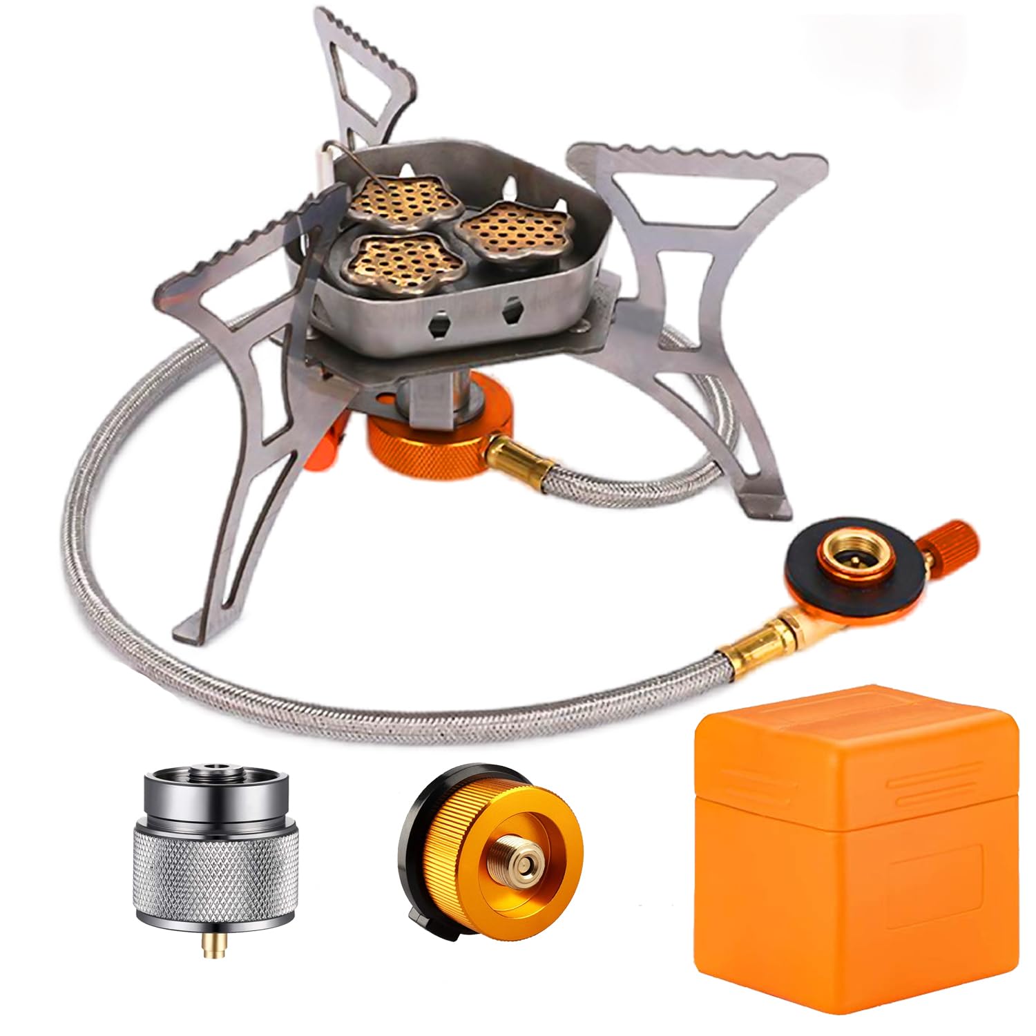 Svnvioz Camping Stove, Windproof Backpacking Stove With 3 Burner Cores, Piezo Ignition, Storage Box, 2 Types Fuel Canister Adapt