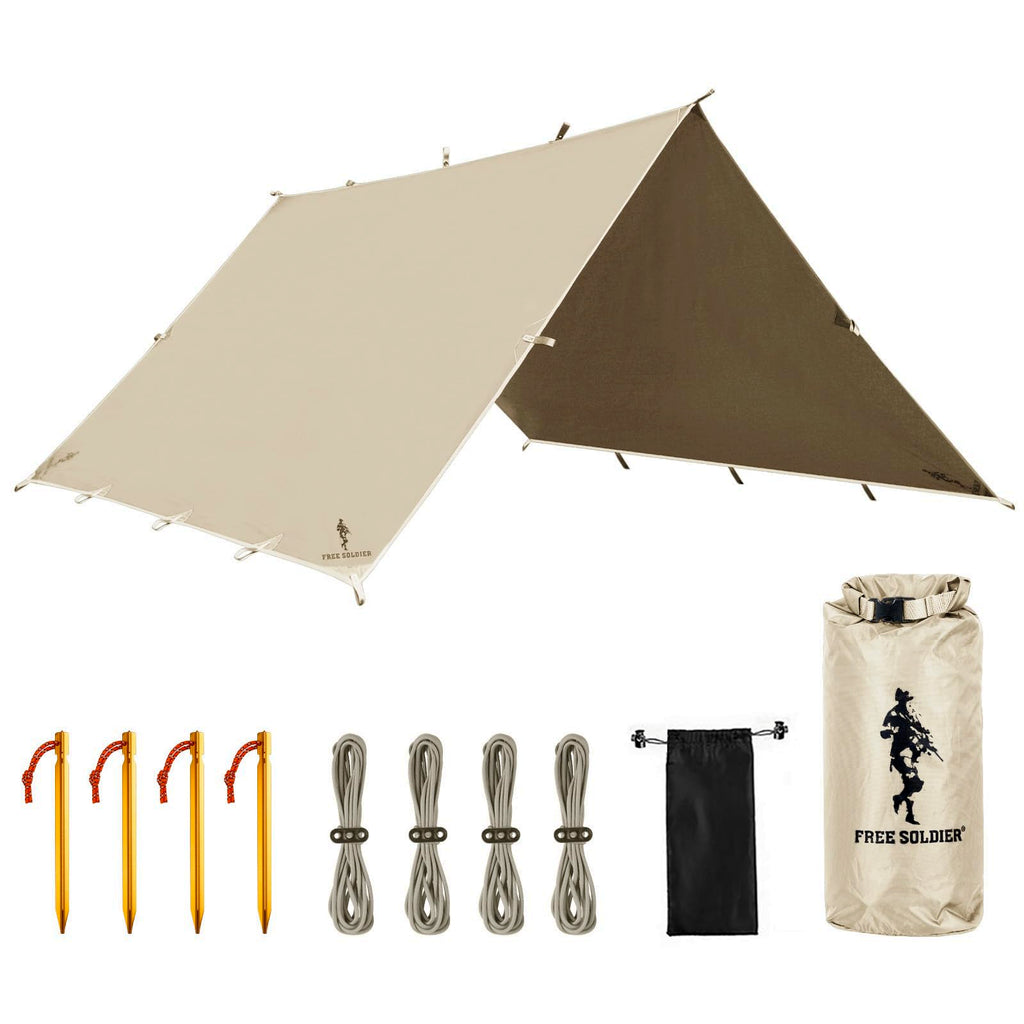 Free Soldier Camping Tarp Waterproof Portable Multifunctional Outdoor Traveling Awning Backpacking Shelter Rain Tarp (Beige 10